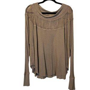 Free People Taupe Long Sleeve Waffle Knit Thermal Top L Boho Bohemian Neutral